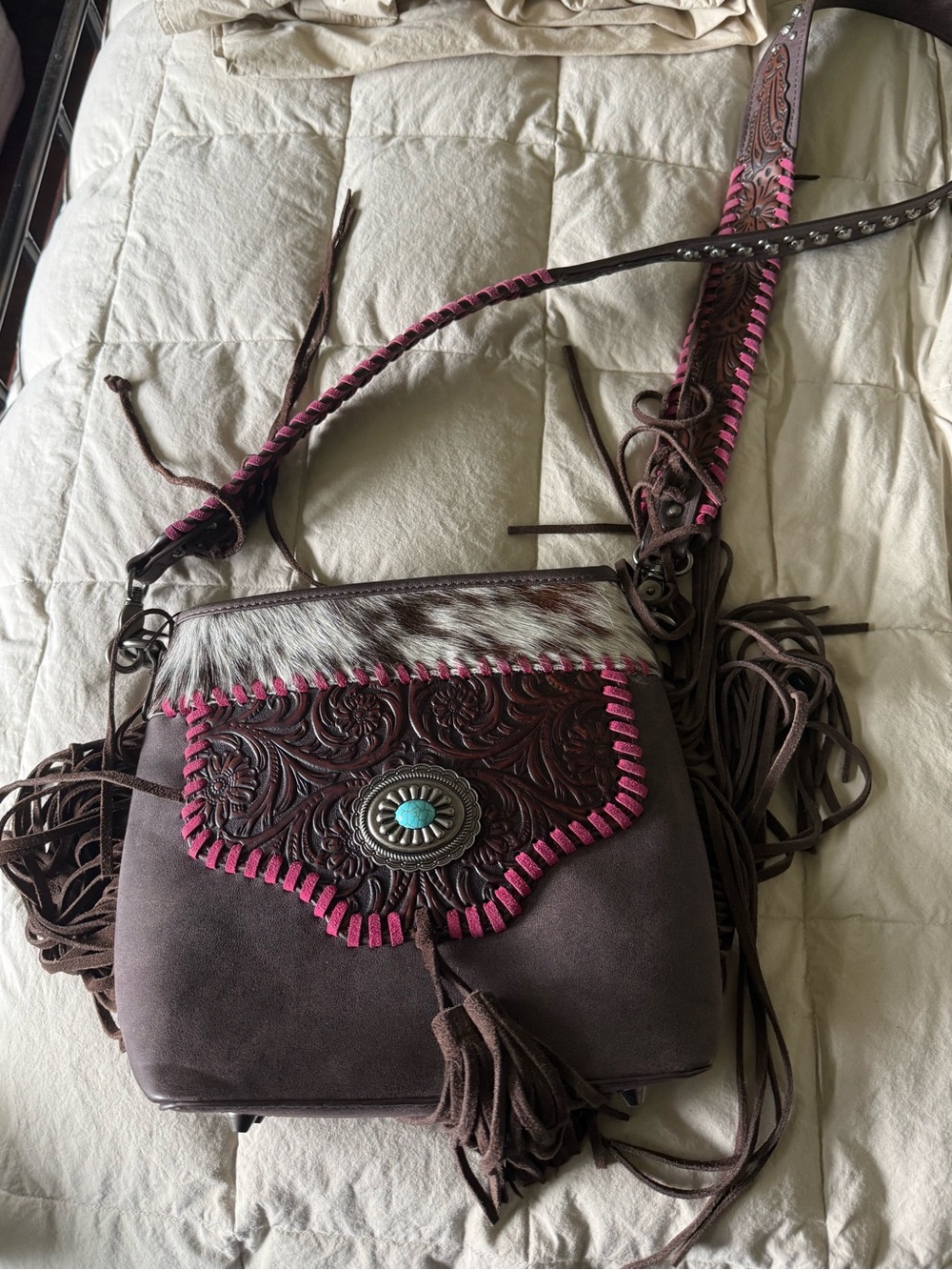 Western Fringe Leather Crossbody Bag in Brown with Pink Accent